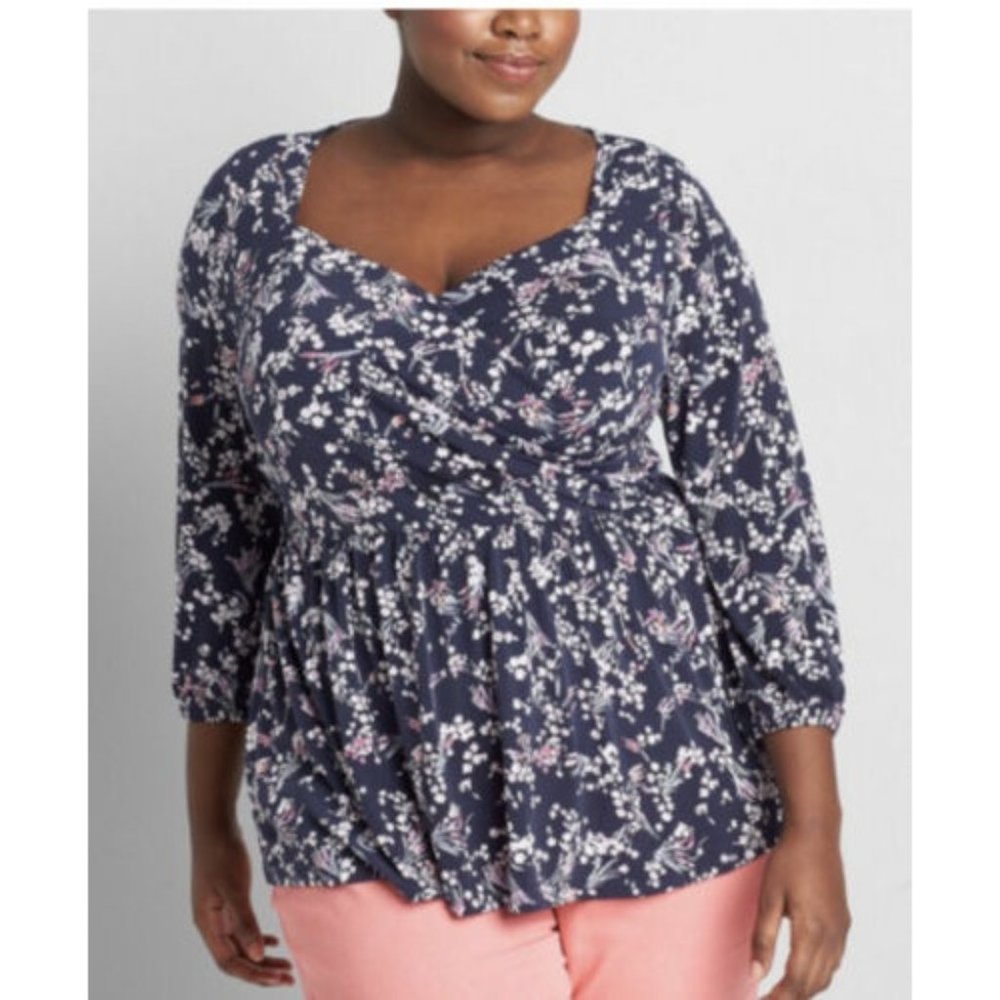 LANE BRYANT NAVY BLUE FLORAL PEPLUM FAUX WRAP TOP PLUS Sz 34/36